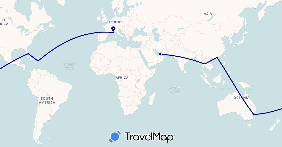TravelMap itinerary: driving in United Arab Emirates, Australia, Dominican Republic, France, Macau, Thailand, United States (Asia, Europe, North America, Oceania)
